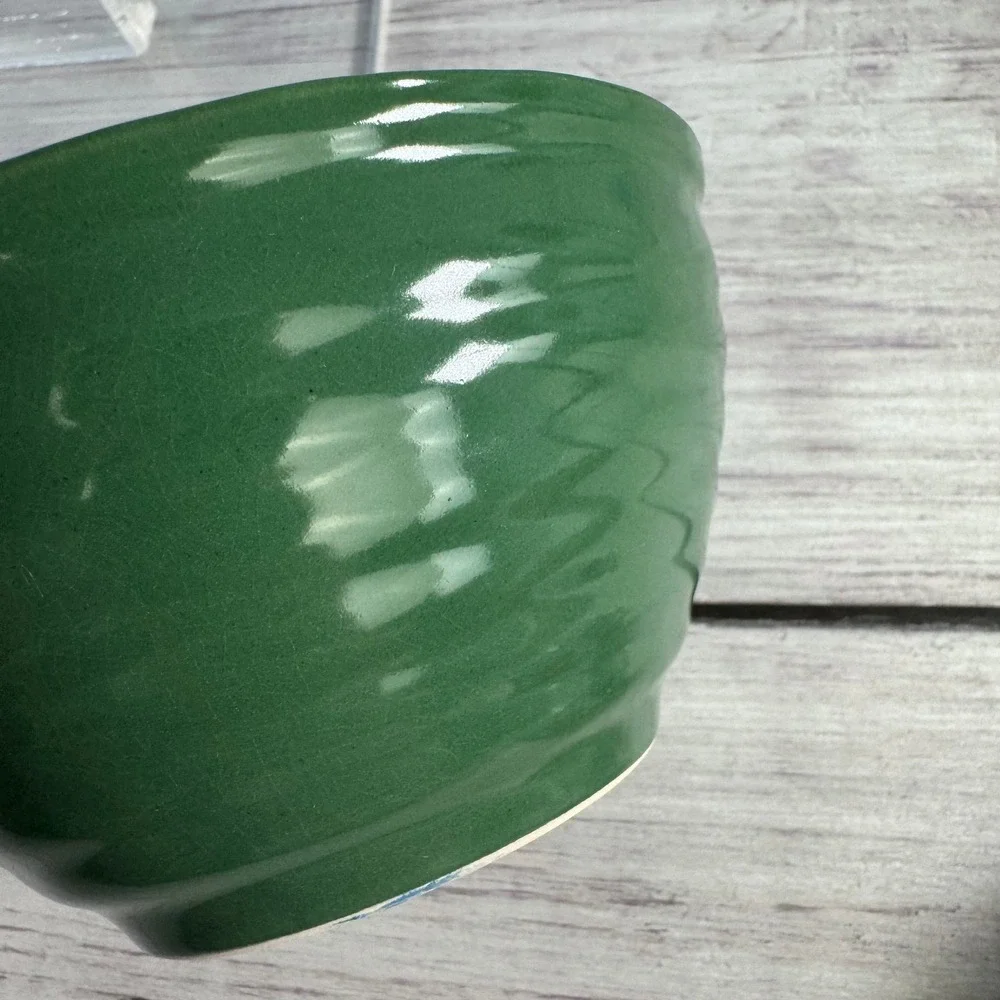 VTG DesignPac Inc Mixing Bowl Small Green Ribbed Stoneware Farmhouse Decor EUC